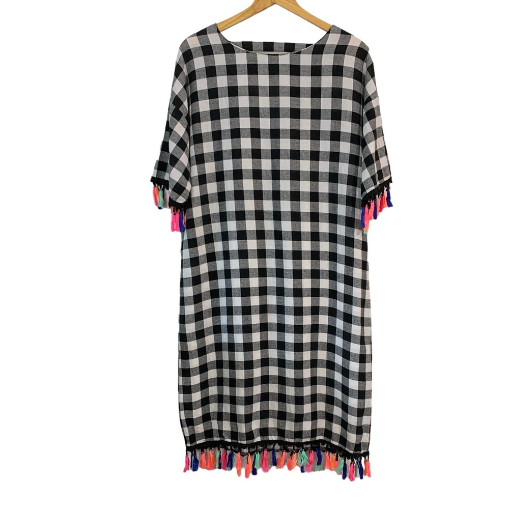 A SHAPPE Gingham Shift Dress w/ Multi Color Tassels